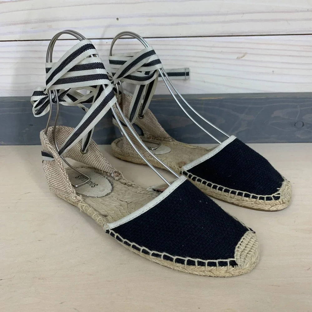 Soludos Sandals‎ 6 Black Woven Espadrilles Lace Ankle Flats Boho Beach